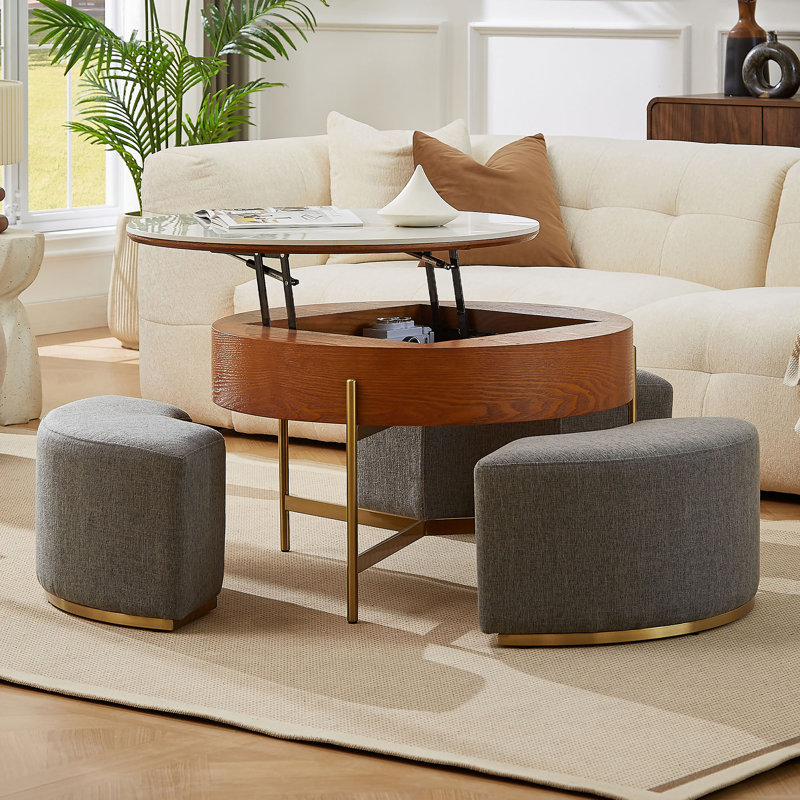 Lift Top Coffee Table with Nesting Stools, Extendable Faux Marble Surface with Hidden Storage, Golden Stainless Steel Legs, 3 Ottoman Set for Living Room