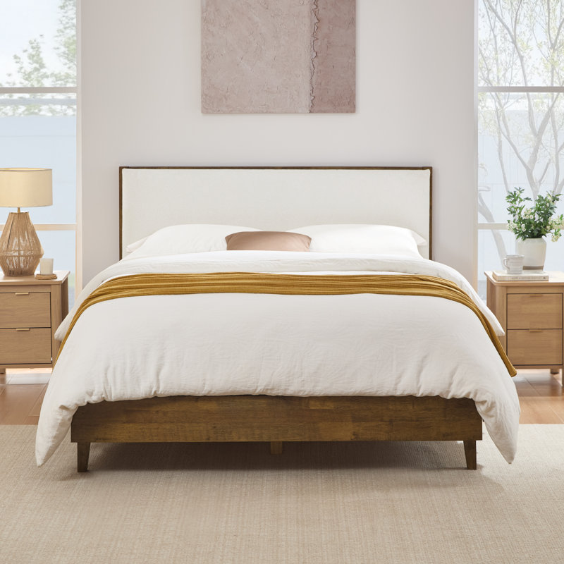 Rezana Solid Wood Boucle Upholstered Headboard Bed Frame, Queen, Walnut
