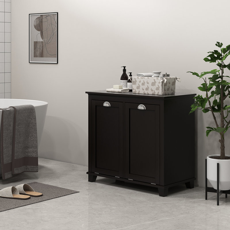 Dual Tilt Out Laundry Hamper Cabinet, Bathroom. 2 For Washroom Storage, Black Floor Cabinet. Spacious Towel Accommodation. Separate Storage & Dark Items. Made, Water-. Toppling Feature.