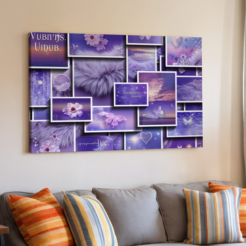 Toile «A Dreamy Collage» composée de diverses nuances de mauve avec art mural, textures douces comme la fourrure duveteuse et les nuages délicats