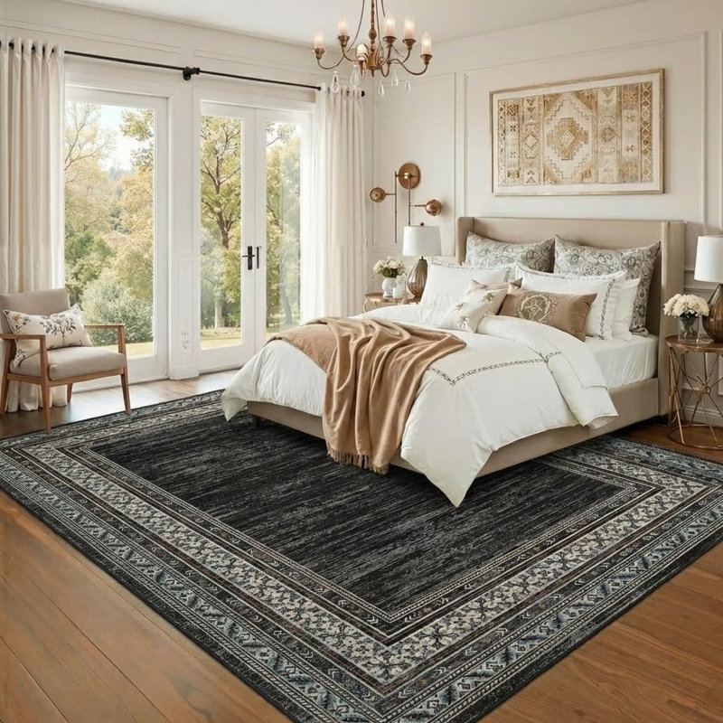 Tapis lavable moderne en simili laine avec envers antidérapant, Noir, 8 x 10 pi