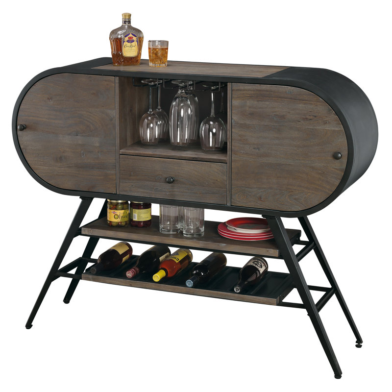 Rustic Gray and Aged Iron Wood Wine Bar Cabinet
