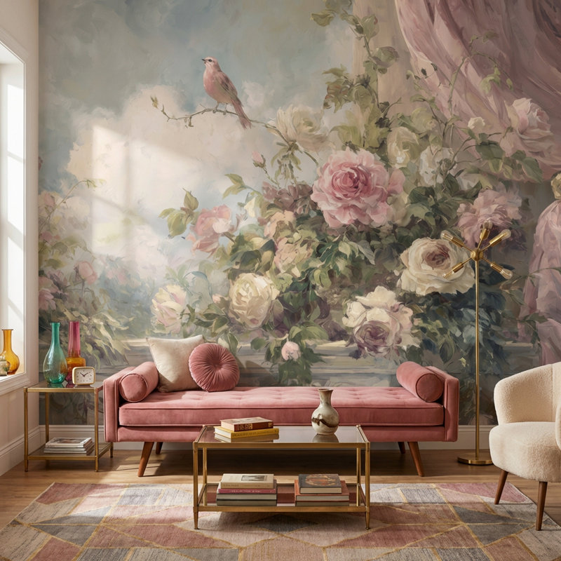 Papier peint floral rétro Cloudy Sky, 120 po x 96 po, Non tissé