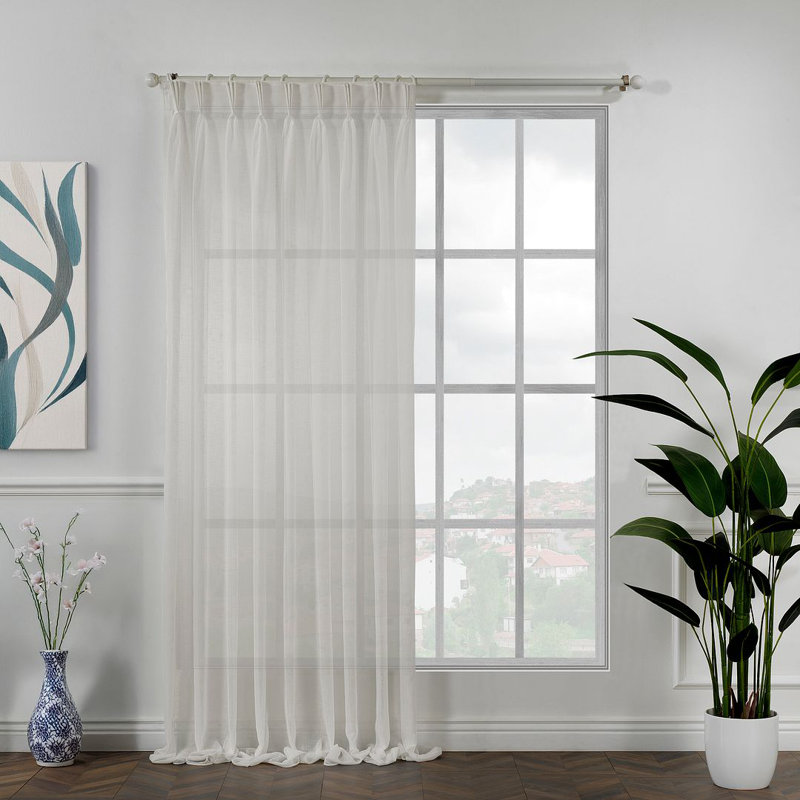 Pinch Pleated Extra Long & Extra Wide Faux Linen Semi Sheer Single Panel, 52" W x 72" L, Cream