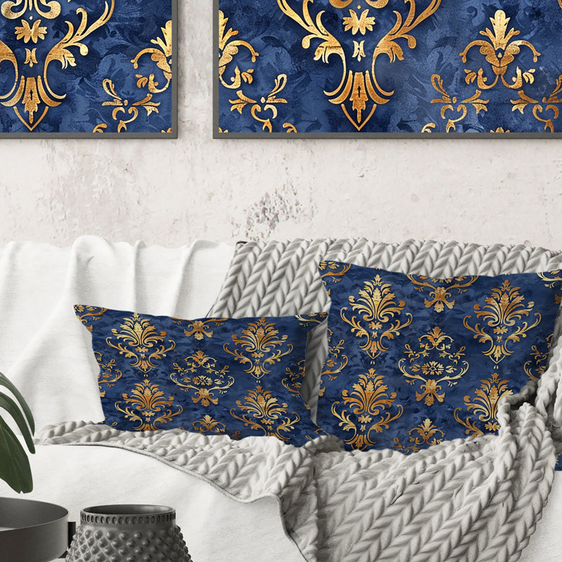 Royal Gold Blue Traditional Damask II - Coussin décoratif traditionnel, H 18 po x l 18 po