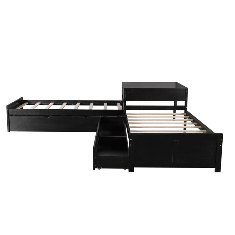 Twin Size L Shape Platform Bed Frame With Trundle, Rawers And Built-In Table, Espresso