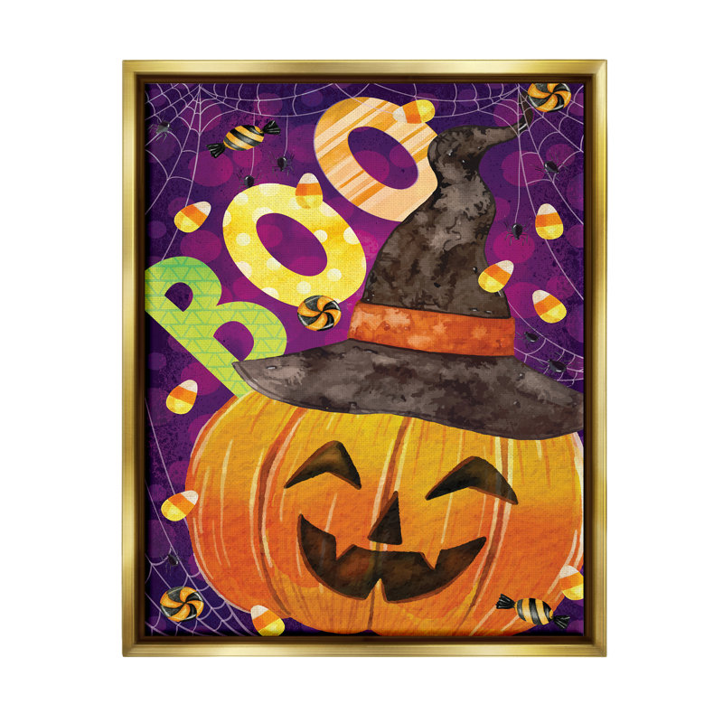 «Boo Jack-o-Lantern Halloween Candy» par ND Art, impression, H 31 po x l 25 po x P 1,7 po, Cadre flottant métallique doré