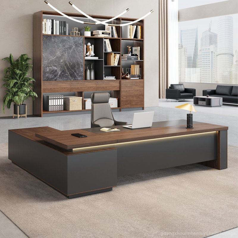 Bureau de luxe en L avec serrure numérique et gestion des câbles Luxe, H 29,53 po x l 70,87 po x P 62,99 po, Brun / Noir