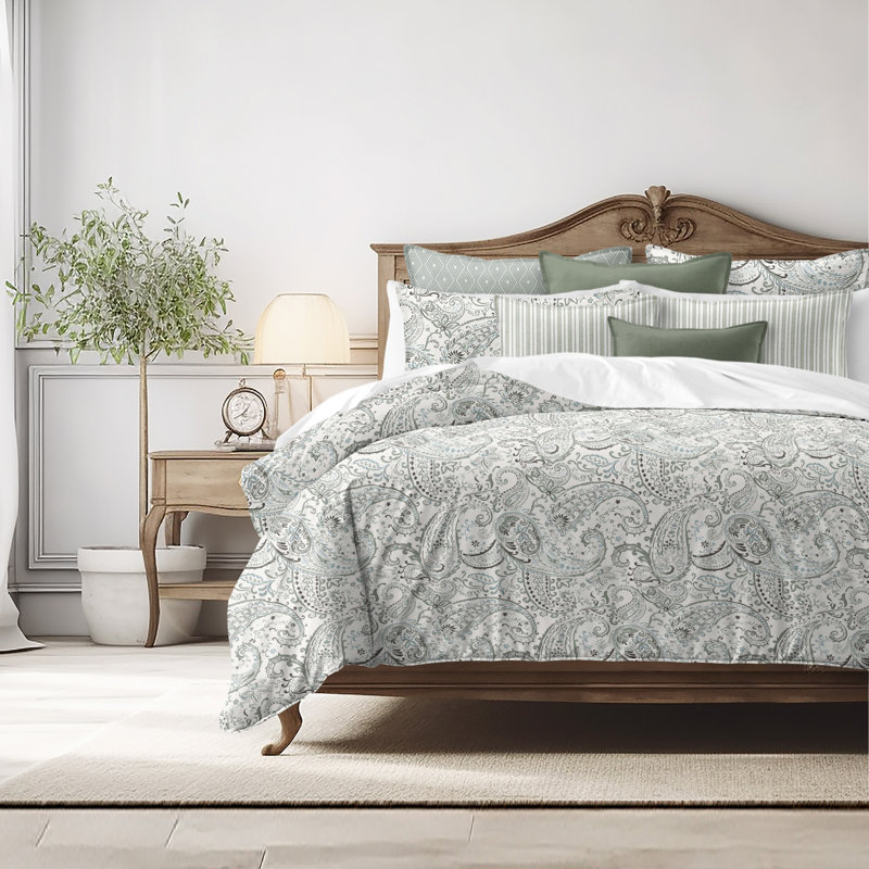 Paisley Seafoam Cotton Duvet Cover Set, King Duvet Cover + 7 Additional Pieces