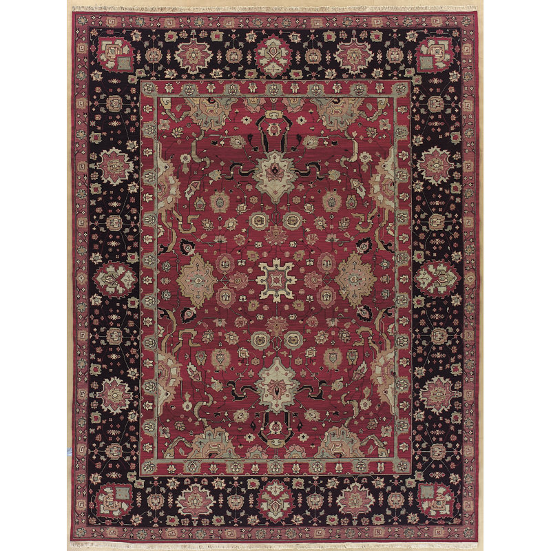 Tapis rouge noué à la main Aivah, Rectangle 8 pi 10 po x 11 pi 10 po