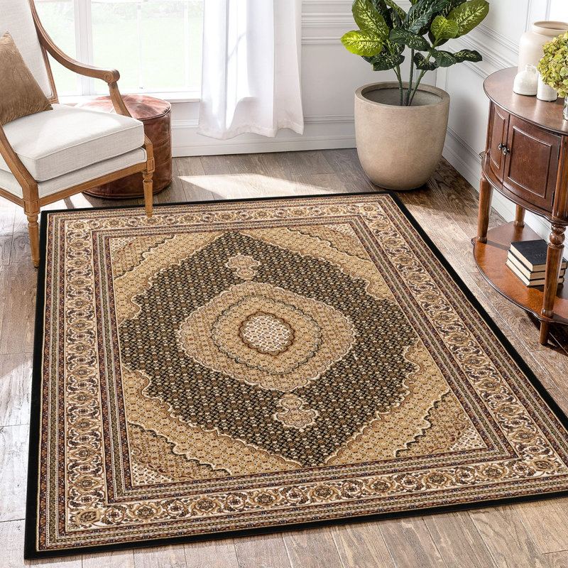 5 pi 3 po Tapis noir fabriqué à la machine X 7 po, motif de médaillon victorien orné de luxe, 100% polypropylène et motif classique pour animaux de compagnie