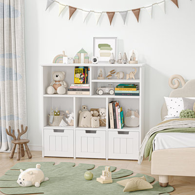 Kids Bookcase and Toy Organizer with 3 Drawers and Hidden Wheels – White/Pink Storage Cabinet for Nursery, Bedroom, or Playroom by Latitude Run
