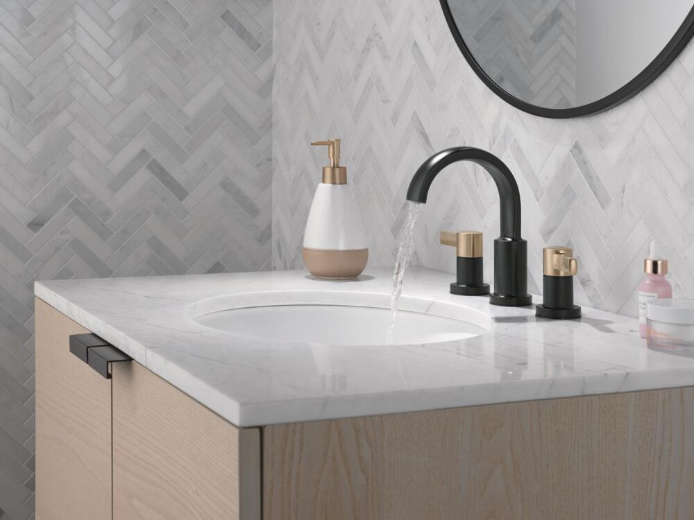 Albion Widespread Bathroom Faucet with Drain, Matte Black/Champagne Bronze