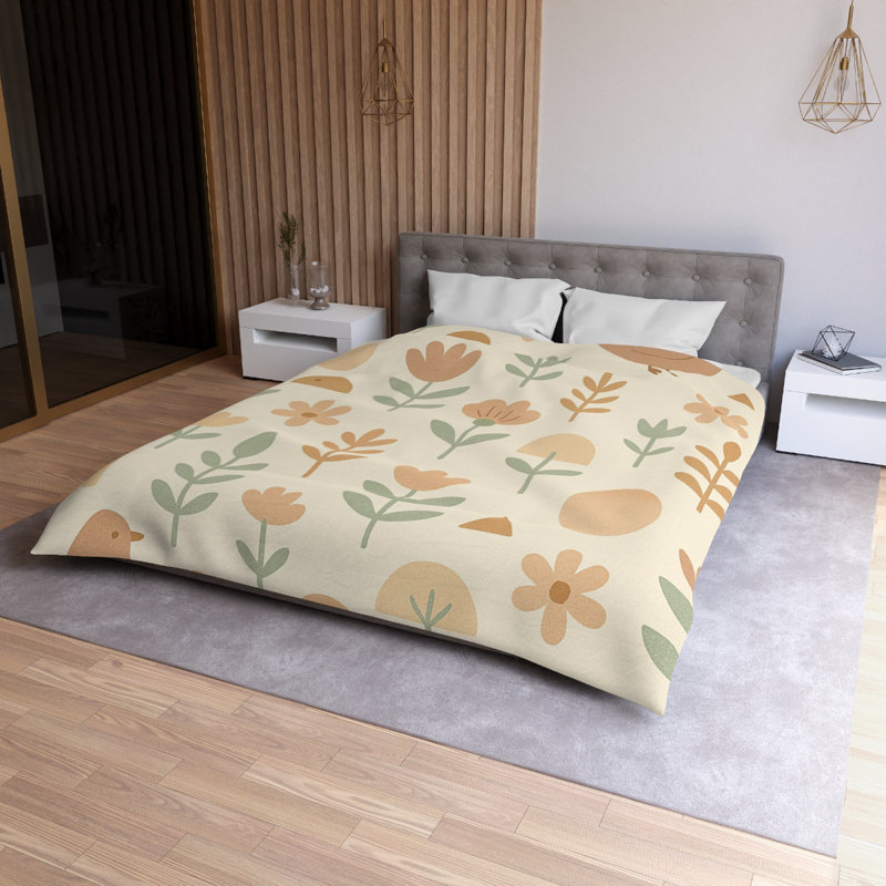 Microfiber Duvet Cover Boho Style, Design 24, Queen Duvet Cover, Green/Beige/White