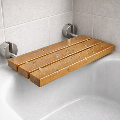 20" Wall-Mounted Teak Shower Bench, Folding Space-Saving Shower Seat With Brushed Nickel Frame
