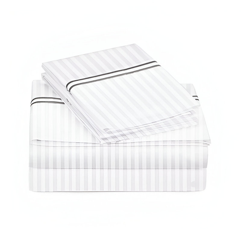 400TC Double Embroidery Sateen Stripe Cotton 4 Piece Sheet Set Fitted Sheet Fits Upto 16" Deep Pocket, Dark Gray/White