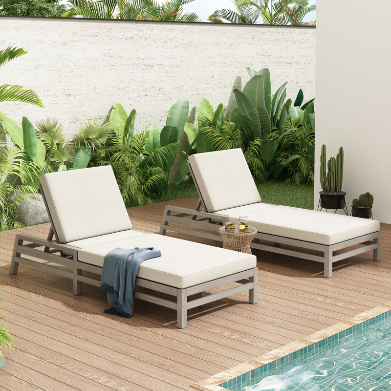 5-Position Adjustable Outdoor Chaise Lounge Set of 2, Solid Wood Patio Recliner Chair with Thick Cushions, Weather-Resistant for Pool, Balcony & Garden (Gray)
