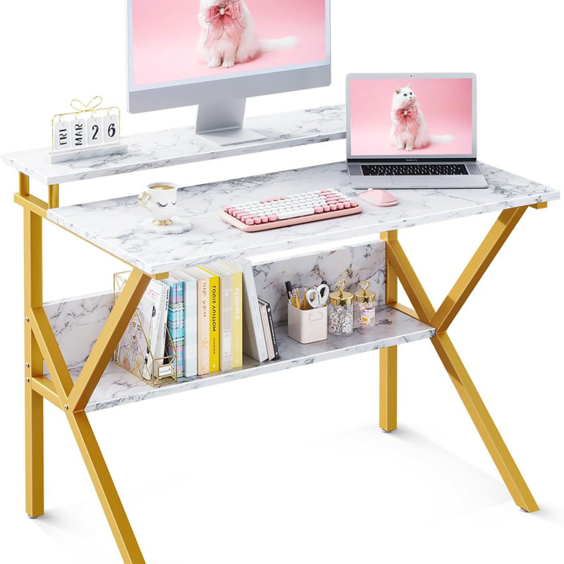 Small Desk, 27.5 Inch Small Computer Desk For Small Spaces, Compact Desk With Storage, Tiny Desk Study Desk With Monitor Stand For Home Office, White Marble + Gold Leg