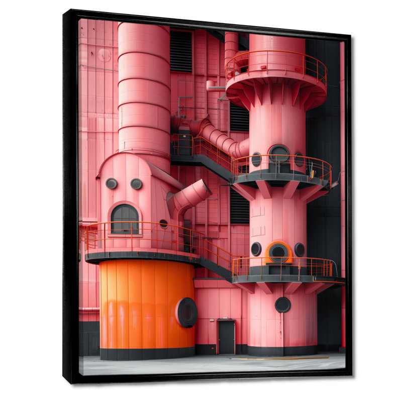 Art industriel mural rose, Incubateur noir rétro II - usines, Toile avec cadre flottant noir, H 32 po x l 24 po x P 1 po