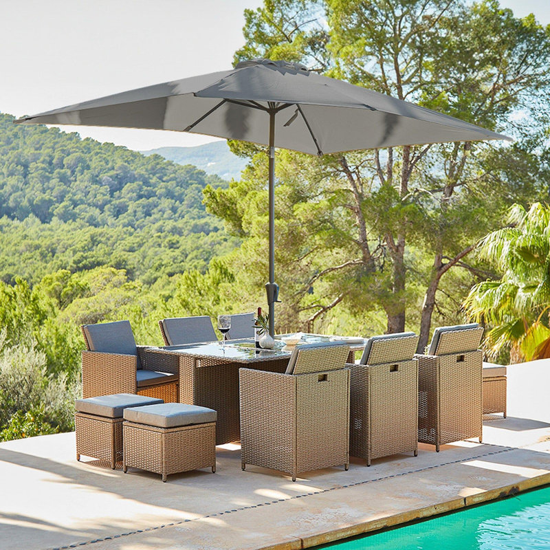 Allexia 10 - Person Wicker Patio Dining Set with Rectangular Table , Cushions Included, Grey, Yes