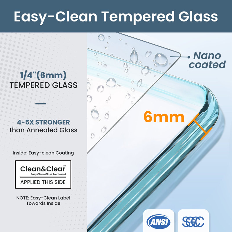 44"- 48" W x 74"H Single Sliding Frameless Shower Door, Sliding Door with 1/4" (6mm) Tempered Glass, Easy-Clean Nano Coating for Walk-in Shower, Smooth Quiet Glide, Chrome