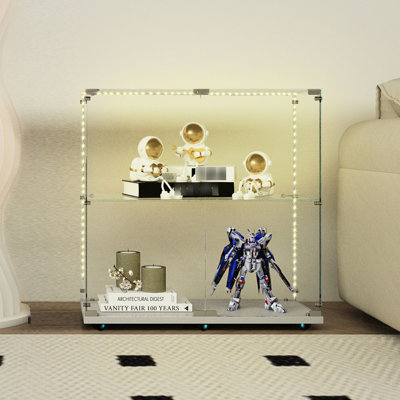 Armoire de rangement en verre trempé avec - lumières DEL télécommandées, verrouillables pour les surfaces inégales, blanc, style classique, 3 4 tablettes, base en bois franc d'ingénierie, 13,64 po de largeur, roues pivotantes, s'adapte