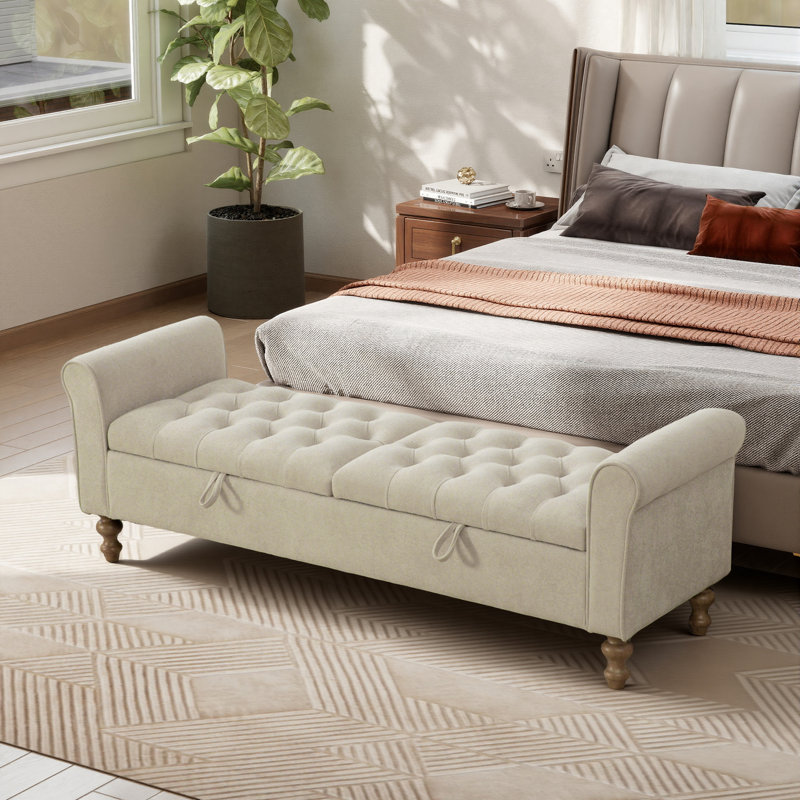Banc de rangement rembourré l 65,7 po avec couvercles, Gris beige