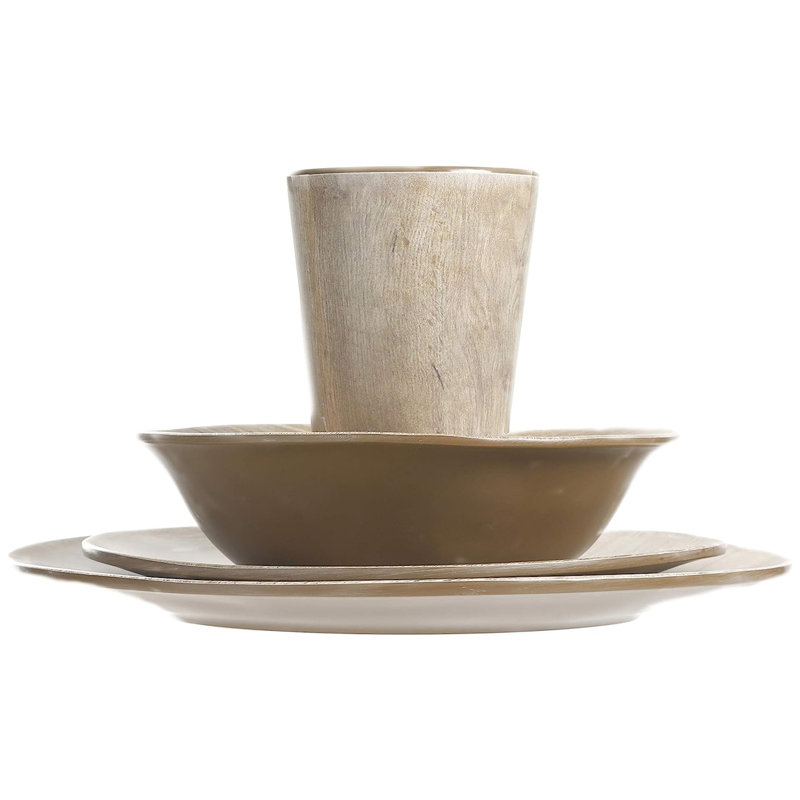 Woodgrain Brown Melamine Round Dinnerware Set, Service for 4