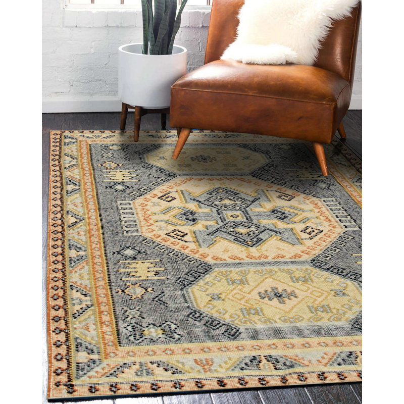 Tapis bleu traditionnel en laine tissé à la main à motif médaillon traditionnel et moderne, 8 pi x 10 pi