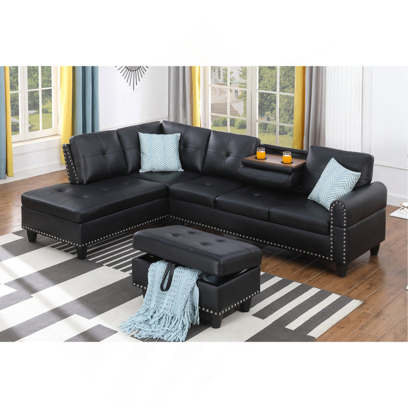 Canapé modulaire en similicuir avec repose-pieds Irine, Noir