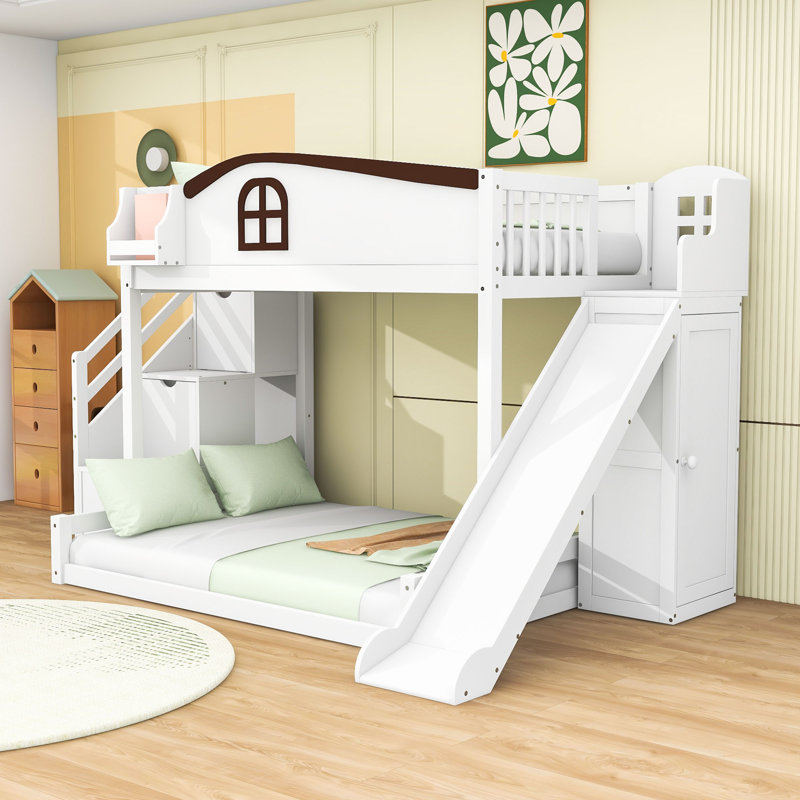 Lit superposé simple au-dessus d'un lit double en bois avec glissade, escalier de rangement et garde-robe, Blanc / Espresso