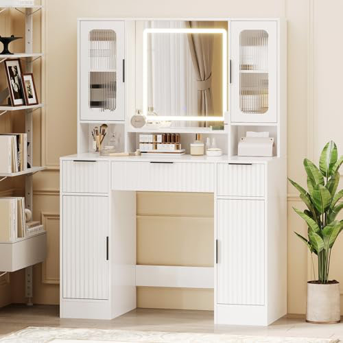 Vanity Desk with Mirror and Light, Makeup Dressing Table with 2 Glass Cabinets, 2 Large Cabinets & 3 Wavy Drawers, White