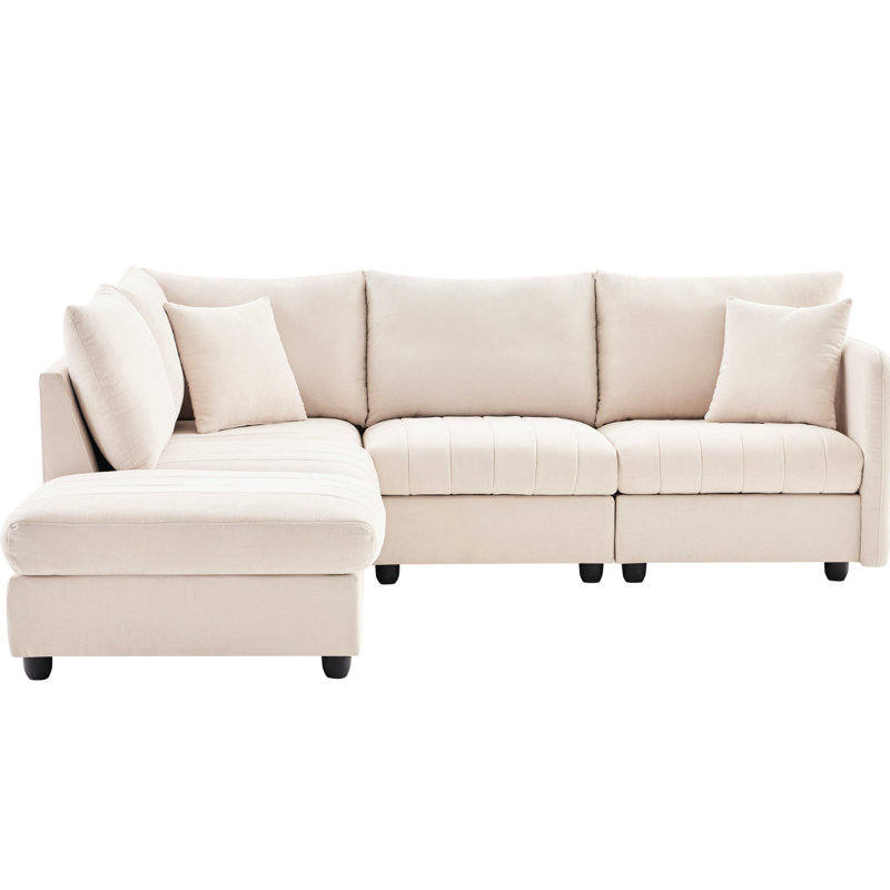 Confortable en forme de L avec coussins à rayures mobiles et contemporains, 89 x 79 po, canapé à 5 places pour le salon, rayures élégantes en tissu doux, revêtement