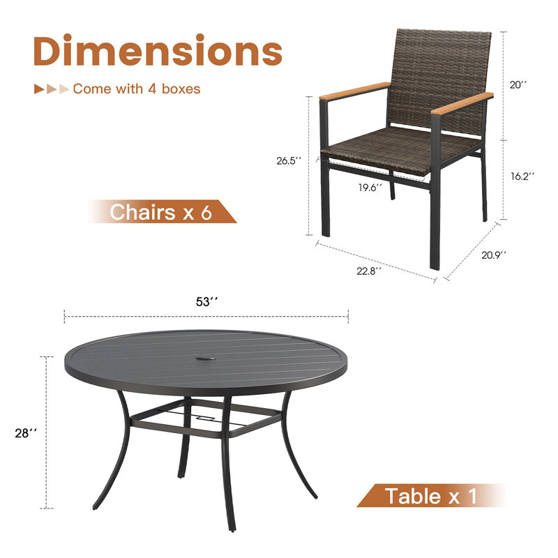 6-Person Patio Dining Set with 53" Round Metal Dining Table and 6 Rattan Solid Wood Armrest Chairs, Black