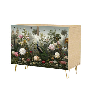 Sideboard Buffet Cabinet with Storage Sunlit Garden Mural Featuring Peacock Floral Detail with 2 Doors for Living Room and Kitchen