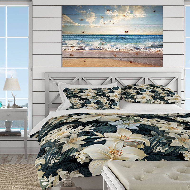 Motif botanique beige et gris - ensemble de housse de couette tropical - polyester en microfibre