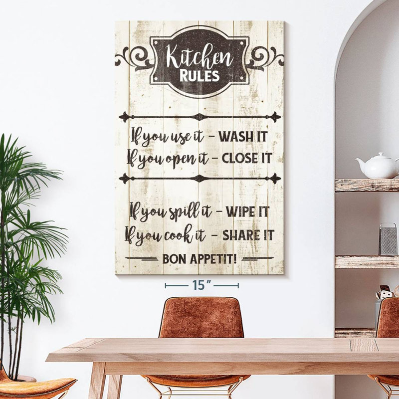 "Kitchen Rules", art textuel sur toile tendue, H 51 po x l 34 po x P 1,25 po