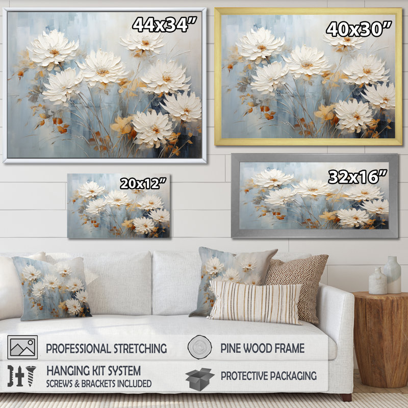 «White and Blue Chrysanthemums Painted Ink IV - Chrysanthemums», impressions d'art mural, H 24 po x l 32 po x P 1 po