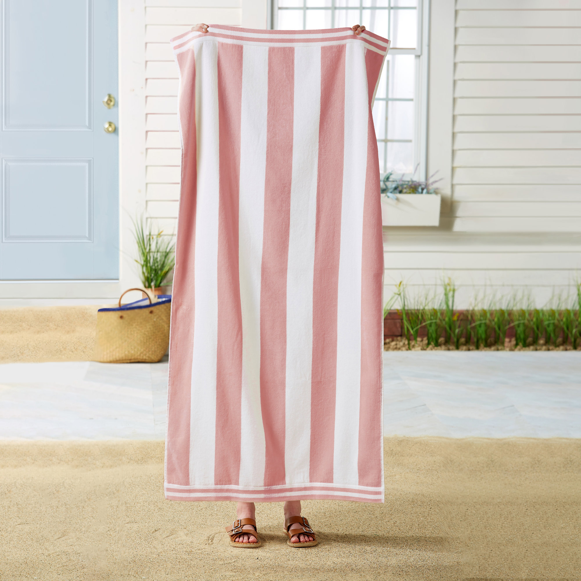 Naturita Great Bay Home 4 Piece 100% Cotton Beach Towel Set, Dusty Rose / White