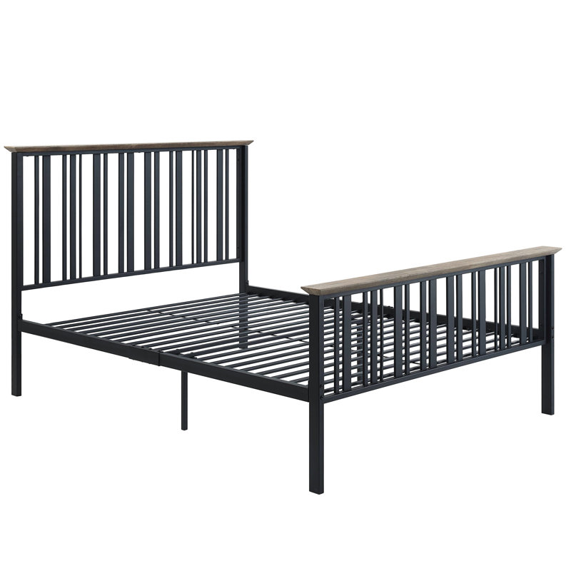 Chêne antique et lit double noir, aucun espace de rangement, garniture en bois, tête de lit à lattes, métal, matelas de 8 po recommandé, capacité de charge de 330 lb et sommier, structure en métal, recommandée
