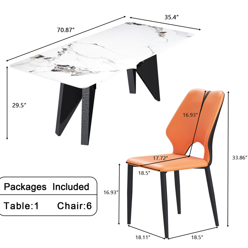 Table de salle à manger rectangulaire en marbre de 71 po pour 6 à 8 personnes, base en acier inoxydable, 6 chaises, haute performance avec base robuste et facile à nettoyer