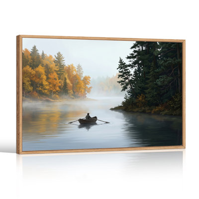 Rower in Wooden Canoe on Misty Lake with Golden Autumn Canvas Wall Art