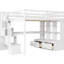 Lit mezzanine blanc avec bureau, tablettes, deux tiroirs et escalier de rangement polyvalent pleine grandeur