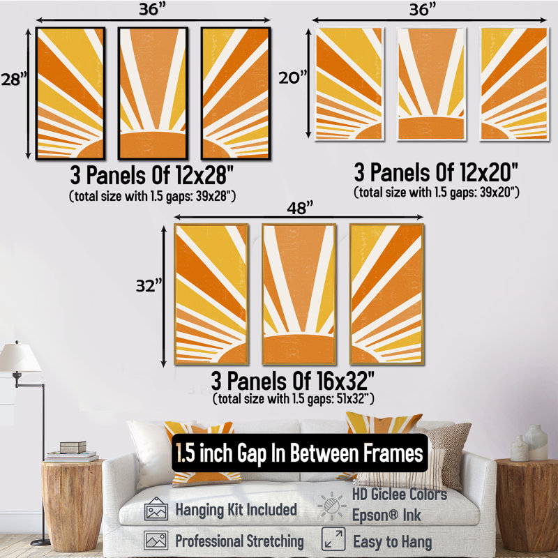 «Minimalist Bright Shining Orange Sun Rays II», reproduction de cadre flottant sur toile 3 pièces, H 28 po x l 36 po, Or