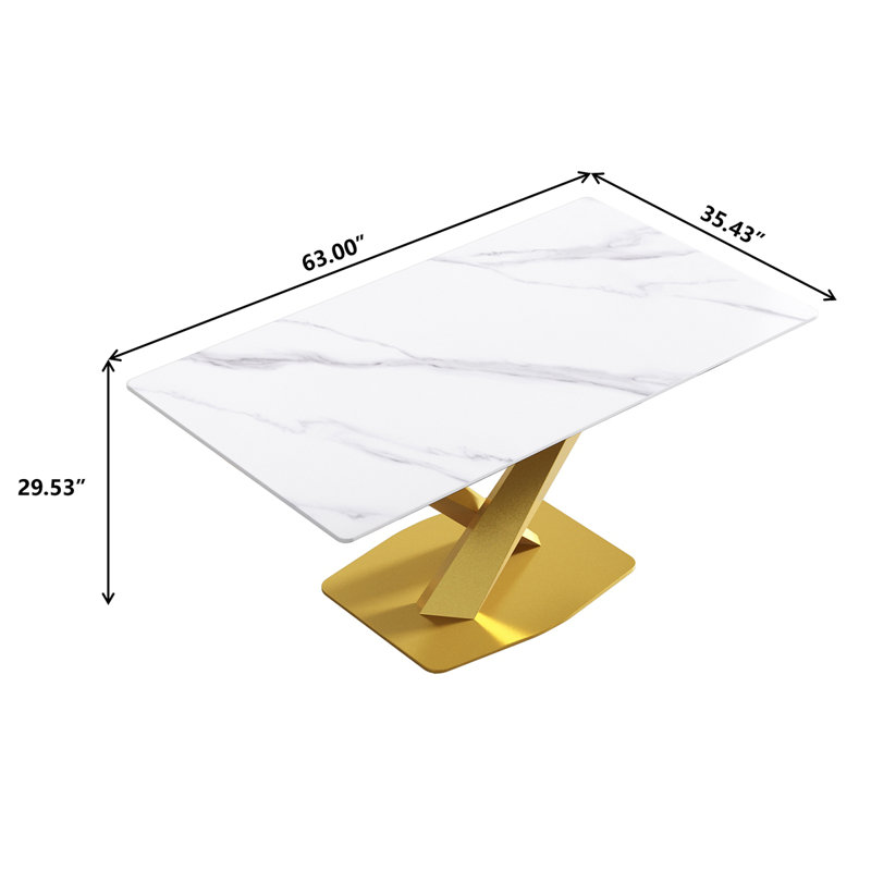 Sintered Stone Dining Table, 29.53” H x 63" W x 35.4" D, Gold, White