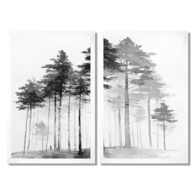 «Black and White Tall Pine Tree Forest», art sur toile de pin, art mural nature noir 2 pièces