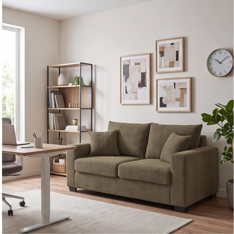 Canapé 69 pouces avec tissu texturé et tissu 2 places revêtu de café avec 2 coussins décoratifs