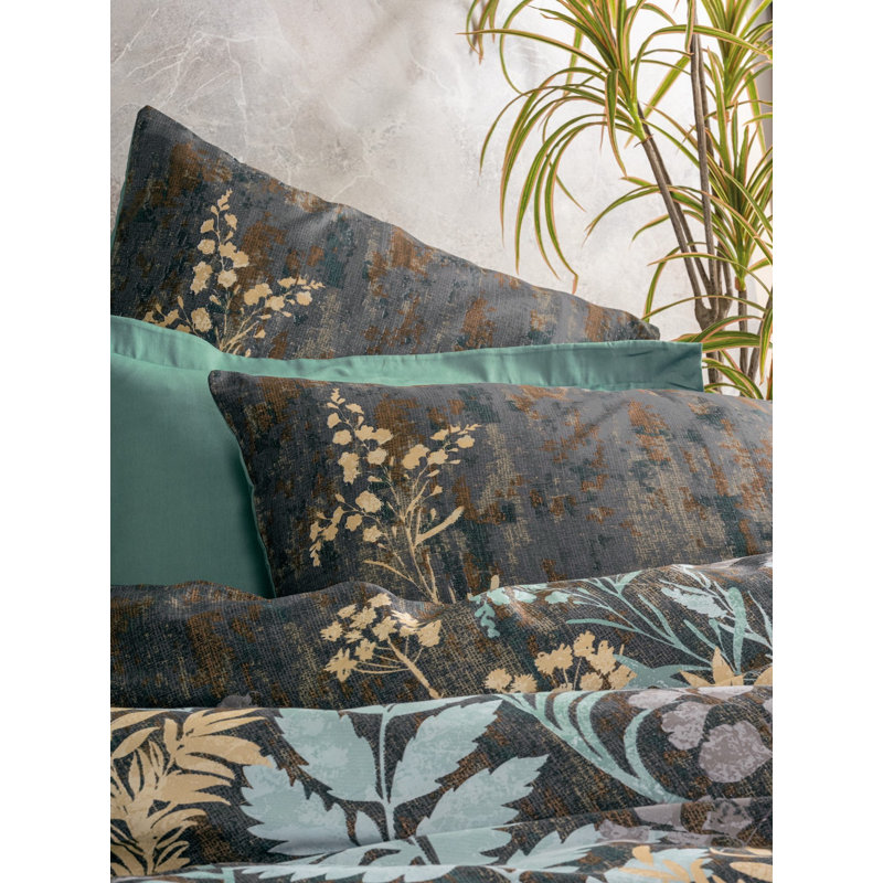 Ensemble de housse de courtepointe luxueuse en satin très grand (3 pièces), menthe, anthracite et brun, 94,5 po x 86,6 po | 100% satin de coton, contexture de 210 fils | Lavable à la machine, impression réactive, enveloppes élégantes et fermetures à boutons
