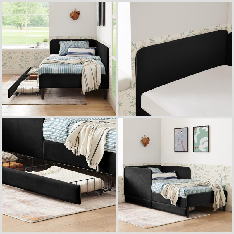 Velvet Twin Sofa Bed with Storage Drawers - Modern Black Convertible Bed Frame, No Box Spring Needed, Black