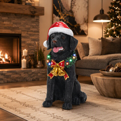 Figurine de chiot père Noël illuminé avec couronne DEL et clochettes
